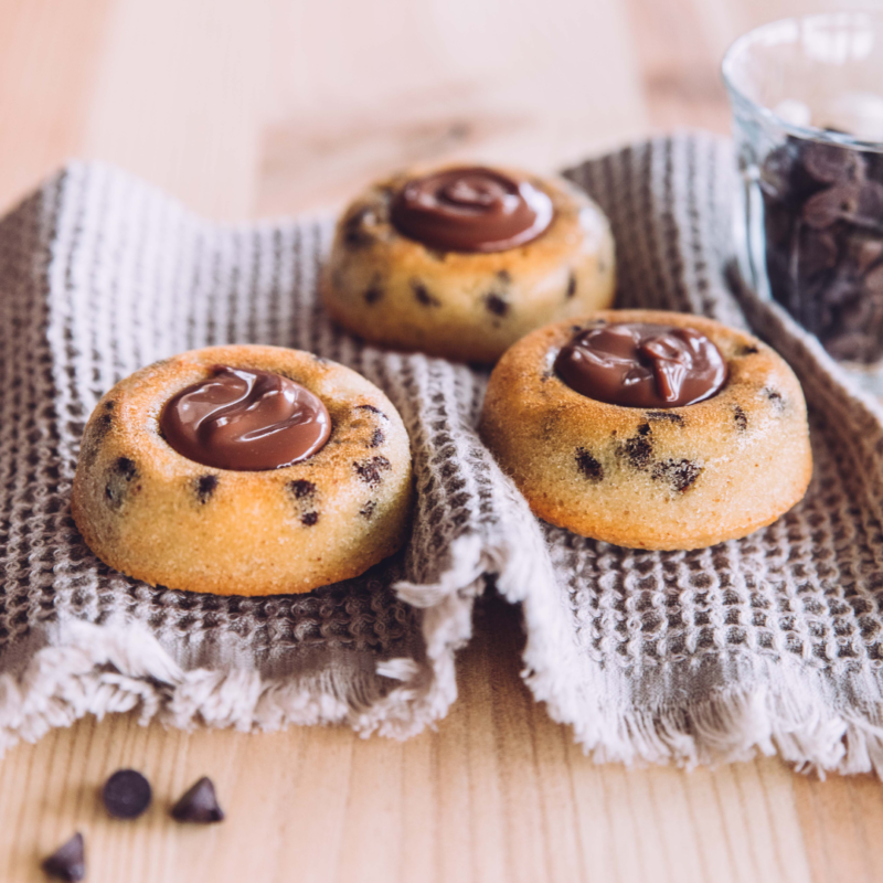 financiers tigrés aux pépites de chocolat, coeur coulant de ganche chocolat caramel